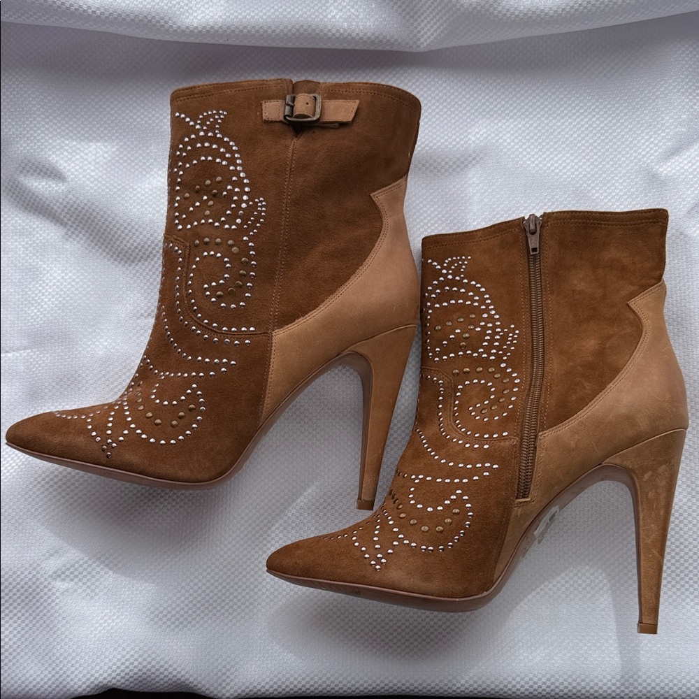 Brown Aldo Leather &!Suede Studded Ankle Boots